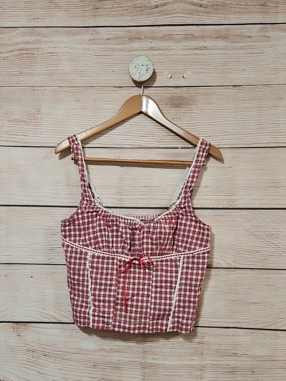 Urban Outfitters Red Gingham Lace-Trim Crop Smocked Back Tank Top XL